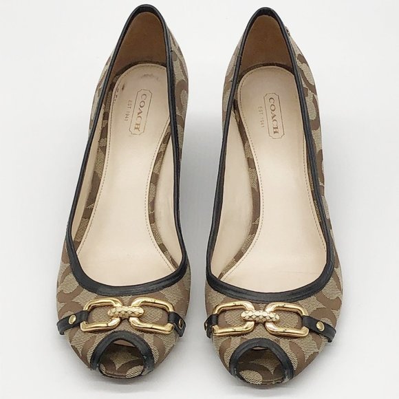 COACH brown and tan signature monogram C wedge heels pumps shoes Size 9B - Picture 1 of 16